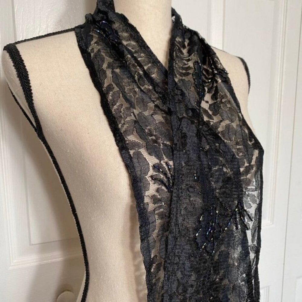 Vintage Black Lace 70 inch Scarf with Fringe